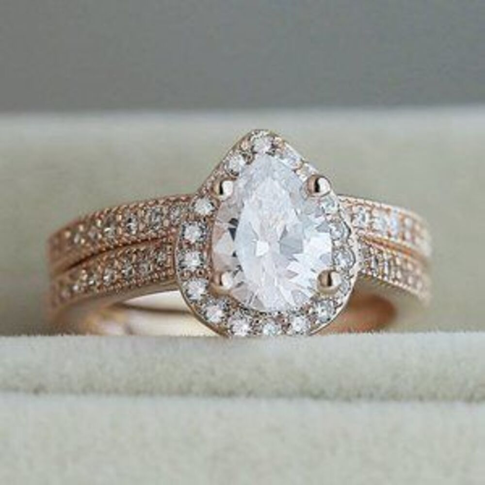 18K Rose Gold Diamond Halo Teardrop Ring Set R